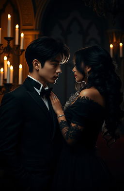 A dramatic scene of a handsome man resembling a k-pop star, reminiscent of Jungkook, alongside an alluring and mysterious woman in an elegant dark-themed setting