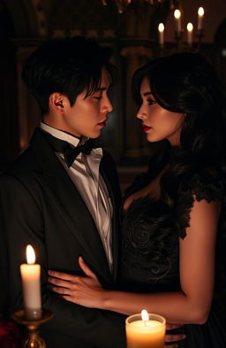 A dramatic scene of a handsome man resembling a k-pop star, reminiscent of Jungkook, alongside an alluring and mysterious woman in an elegant dark-themed setting