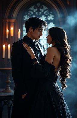 A dramatic scene of a handsome man resembling a k-pop star, reminiscent of Jungkook, alongside an alluring and mysterious woman in an elegant dark-themed setting