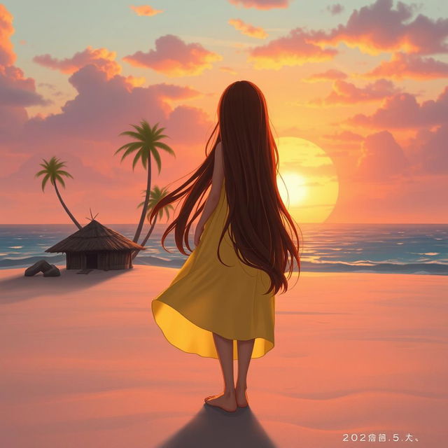 A portrait of a girl character with long, flowing brown hair, gracefully standing barefoot on a wide, lost island