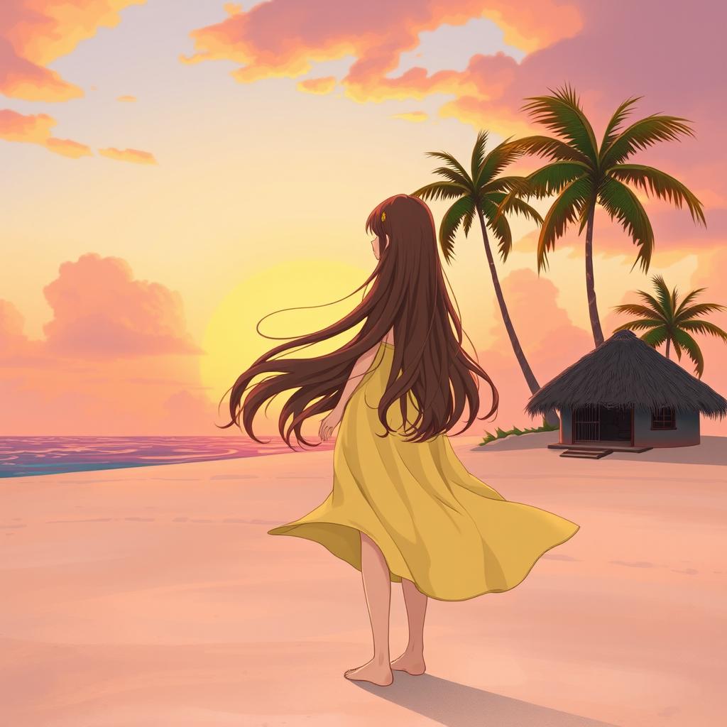 A portrait of a girl character with long, flowing brown hair, gracefully standing barefoot on a wide, lost island