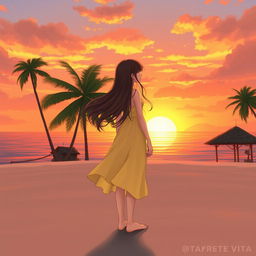 A portrait of a girl character with long, flowing brown hair, gracefully standing barefoot on a wide, lost island