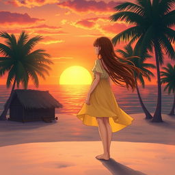 A portrait of a girl character with long, flowing brown hair, gracefully standing barefoot on a wide, lost island