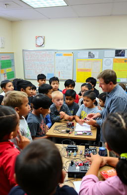 A vibrant classroom filled with students of diverse backgrounds, engaging in a fun and interactive electrical field trip