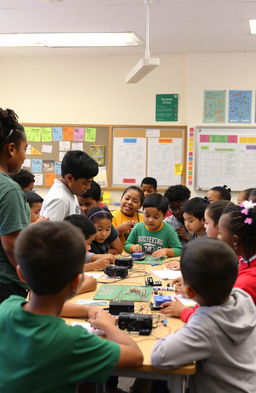 A vibrant classroom filled with students of diverse backgrounds, engaging in a fun and interactive electrical field trip