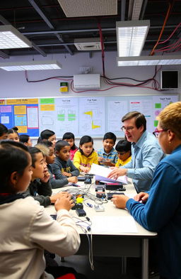 A vibrant classroom filled with students of diverse backgrounds, engaging in a fun and interactive electrical field trip