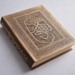 A beautifully adorned Quran with an intricate cover design, lying open to reveal verses in elegant Arabic calligraphy