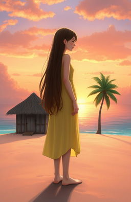 A serene portrait of a tall girl character in the center, showcasing her long brown hair cascading down her shoulders