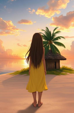 A serene portrait of a tall girl character in the center, showcasing her long brown hair cascading down her shoulders