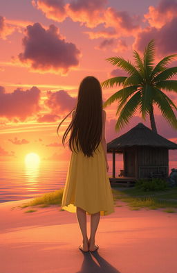 A serene portrait of a tall girl character in the center, showcasing her long brown hair cascading down her shoulders