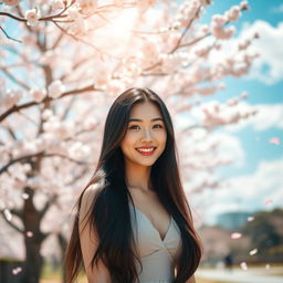 A beautiful Korean woman with long, flowing black hair, standing confidently in a serene outdoor setting