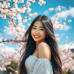 A beautiful Korean woman with long, flowing black hair, standing confidently in a serene outdoor setting