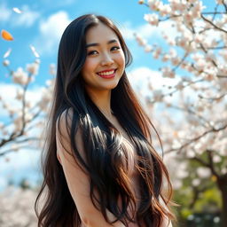 A beautiful Korean woman with long, flowing black hair, standing confidently in a serene outdoor setting