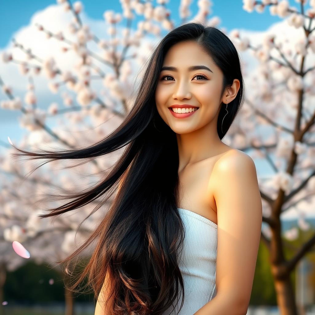 A beautiful Korean woman with long, flowing black hair, standing confidently in a serene outdoor setting