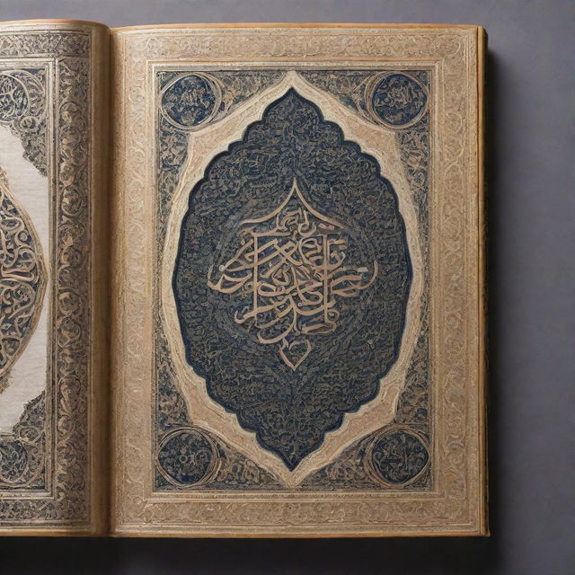 A beautifully adorned Quran with an intricate cover design, lying open to reveal verses in elegant Arabic calligraphy