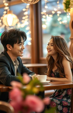 A romantic scene depicting a handsome young man resembling a K-pop star, with charming features and a warm smile, sitting at a cozy café as he gazes dreamily at a beautiful woman across the table