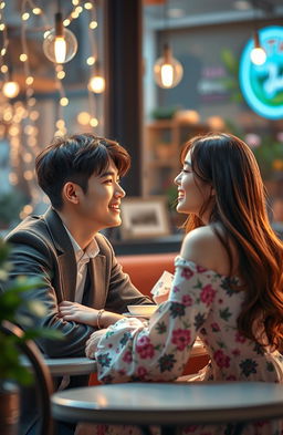 A romantic scene depicting a handsome young man resembling a K-pop star, with charming features and a warm smile, sitting at a cozy café as he gazes dreamily at a beautiful woman across the table