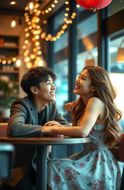 A romantic scene depicting a handsome young man resembling a K-pop star, with charming features and a warm smile, sitting at a cozy café as he gazes dreamily at a beautiful woman across the table