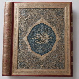 A beautifully adorned Quran with an intricate cover design, lying open to reveal verses in elegant Arabic calligraphy