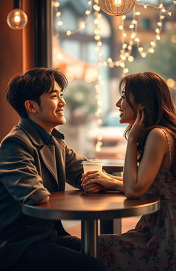 A romantic scene depicting a handsome young man resembling a K-pop star, with charming features and a warm smile, sitting at a cozy café as he gazes dreamily at a beautiful woman across the table