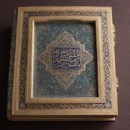 A beautifully adorned Quran with an intricate cover design, lying open to reveal verses in elegant Arabic calligraphy