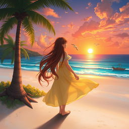 An enchanting portrait of a girl character with long brown hair, beautifully flowing down her back