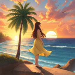 An enchanting portrait of a girl character with long brown hair, beautifully flowing down her back