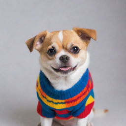 A cute dog wearing a colorful sweater, looking playful and warm