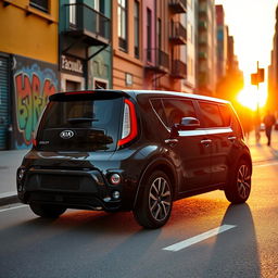 A sleek black Kia Soul parked on a vibrant city street, reflecting the surrounding colorful buildings and street art