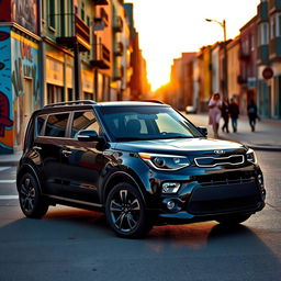 A sleek black Kia Soul parked on a vibrant city street, reflecting the surrounding colorful buildings and street art