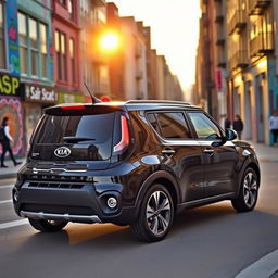 A sleek black Kia Soul parked on a vibrant city street, reflecting the surrounding colorful buildings and street art