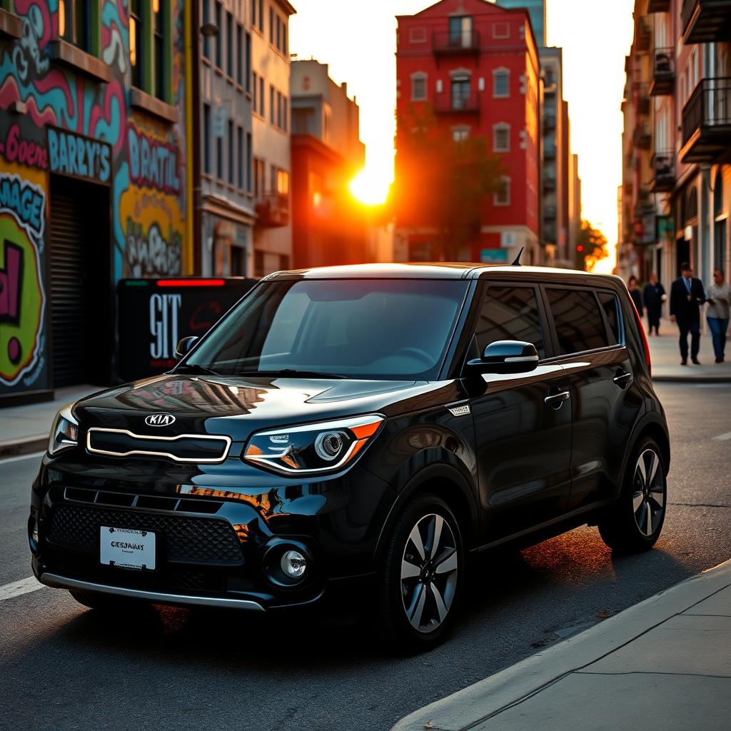 A sleek black Kia Soul parked on a vibrant city street, reflecting the surrounding colorful buildings and street art