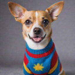 A cute dog wearing a colorful sweater, looking playful and warm