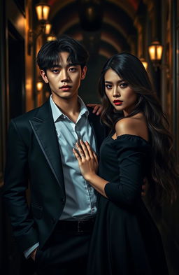 A striking scene featuring a handsome young man resembling Jungkook, posing confidently with a beautiful woman by his side, both immersed in a dark romance theme