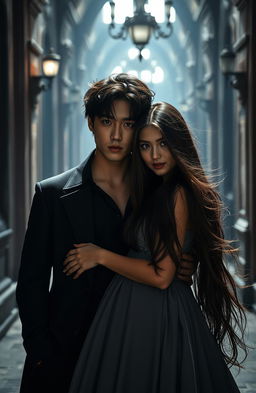 A striking scene featuring a handsome young man resembling Jungkook, posing confidently with a beautiful woman by his side, both immersed in a dark romance theme