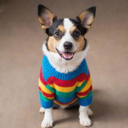 A cute dog wearing a colorful sweater, looking playful and warm