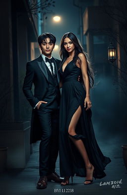 A dramatic scene featuring a charismatic young man resembling a member of BTS in a stylish outfit, striking a confident pose next to a beautiful woman with long dark hair, dressed in an elegant, flowing black dress