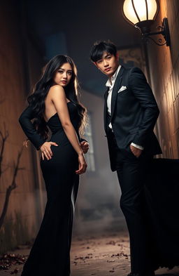 A dramatic scene featuring a charismatic young man resembling a member of BTS in a stylish outfit, striking a confident pose next to a beautiful woman with long dark hair, dressed in an elegant, flowing black dress