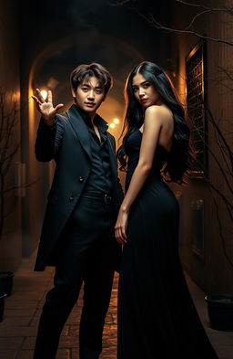 A dramatic scene featuring a charismatic young man resembling a member of BTS in a stylish outfit, striking a confident pose next to a beautiful woman with long dark hair, dressed in an elegant, flowing black dress