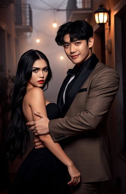 A dramatic scene featuring a charismatic young man resembling a member of BTS in a stylish outfit, striking a confident pose next to a beautiful woman with long dark hair, dressed in an elegant, flowing black dress