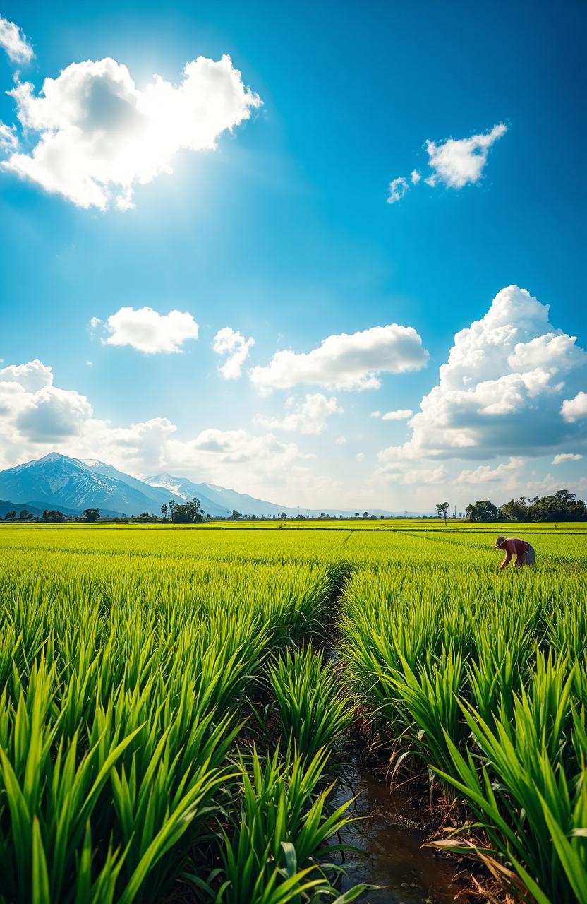 A vibrant rice field under a bright blue sky with fluffy white clouds, showcasing lush green rice plants ready for harvest