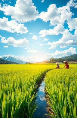 A vibrant rice field under a bright blue sky with fluffy white clouds, showcasing lush green rice plants ready for harvest