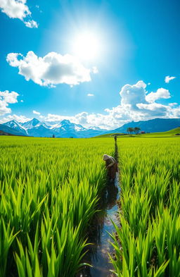 A vibrant rice field under a bright blue sky with fluffy white clouds, showcasing lush green rice plants ready for harvest