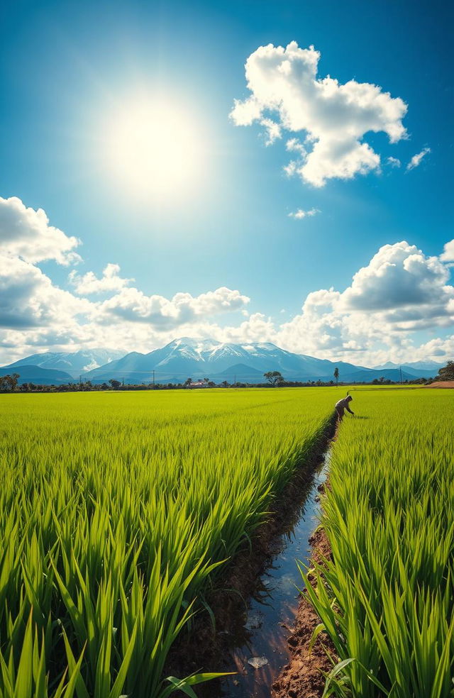 A vibrant rice field under a bright blue sky with fluffy white clouds, showcasing lush green rice plants ready for harvest