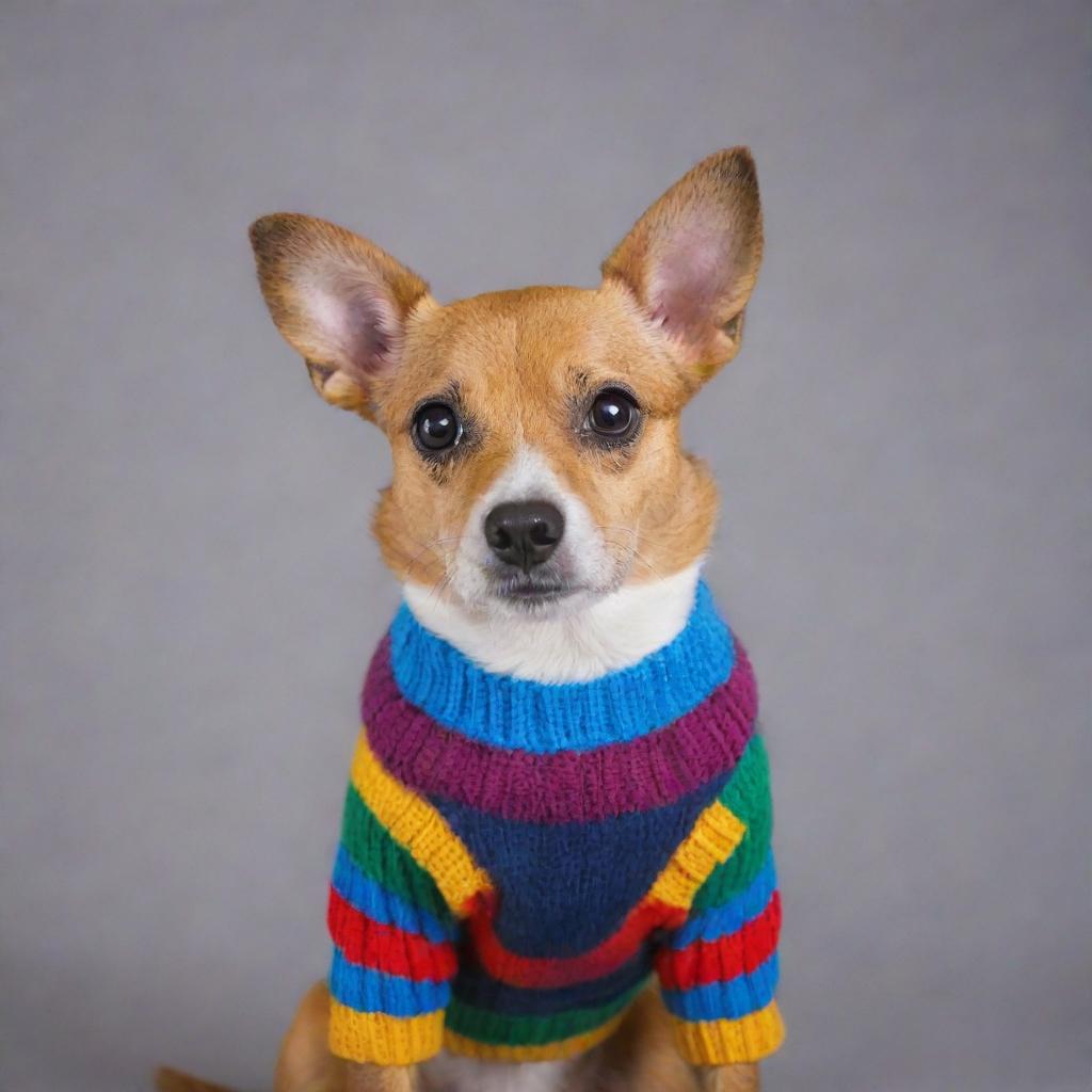 A cute dog wearing a colorful sweater, looking playful and warm