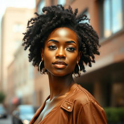 A beautiful Black woman with stunning features, glowing skin, and elegant hair styled in a natural afro