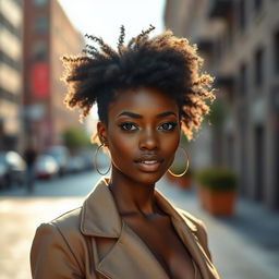 A beautiful Black woman with stunning features, glowing skin, and elegant hair styled in a natural afro