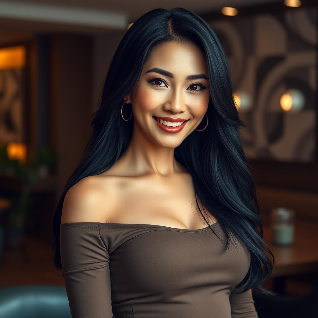 An ultra realistic portrayal of an attractive Asian mature woman, radiating confidence and elegance