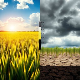 A compelling scene illustrating the impact of climate change on a rice field