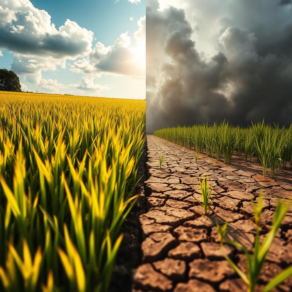 A compelling scene illustrating the impact of climate change on a rice field